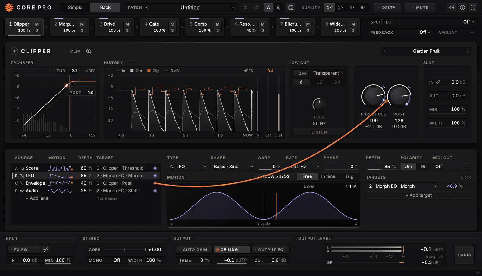 Rack Audiogarden Core: osm slotů, otevřený modul Clipper, sekvencer a výstup